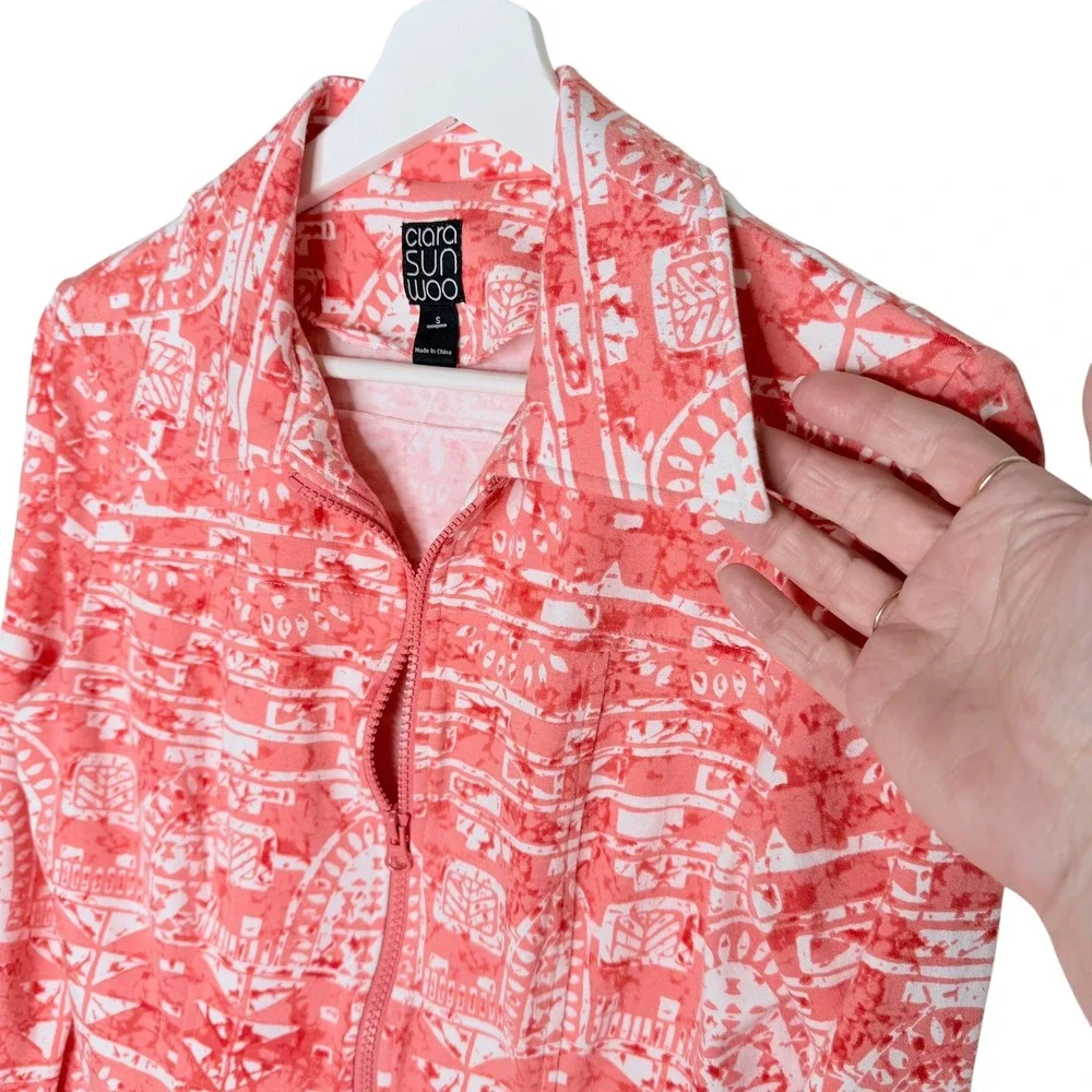 Clara Sunwoo Coral Pink White Geometric Batik Zip Up Stretch Jacket Womens Small
